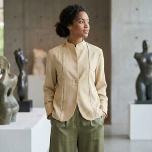 HARARI 100% Silk Mandarin Jacket Beige Textured embroidered size Large